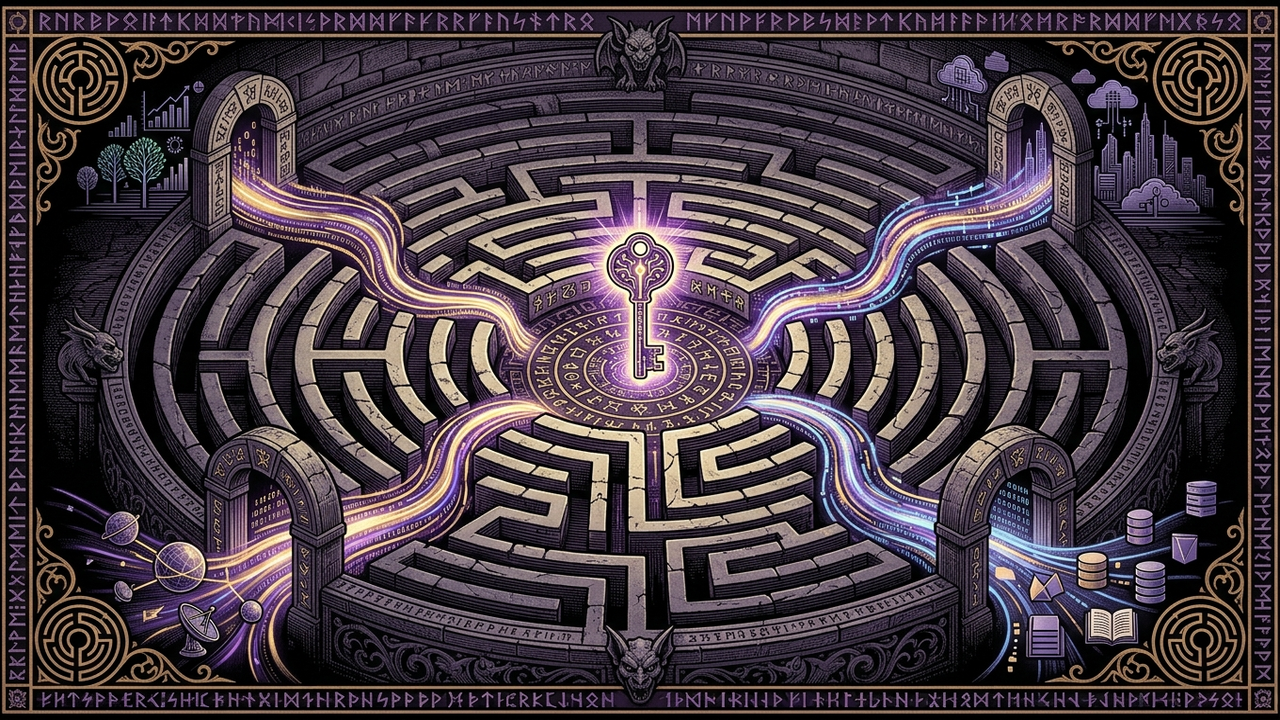 Editorial illustration of an ancient stone labyrinth with glowing data streams flowing outward through multiple exits, a luminous key hovering at the center representing portable, vendor-independent AI memory