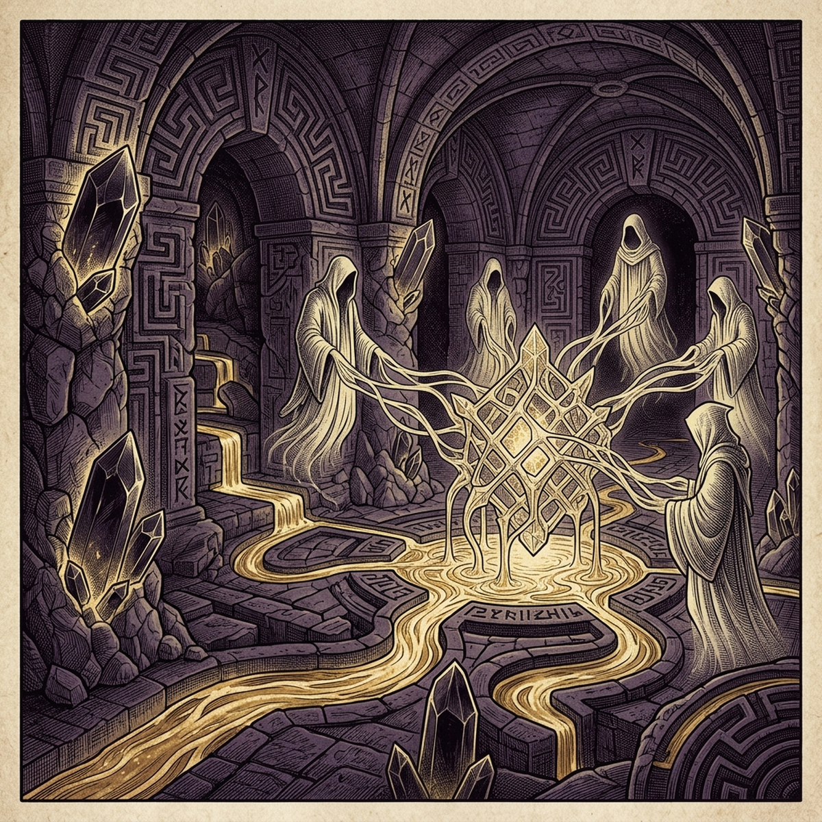 An ancient stone vault with glowing obsidian crystals and streams of golden light flowing through labyrinthine channels
